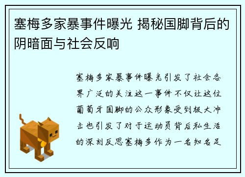 塞梅多家暴事件曝光 揭秘国脚背后的阴暗面与社会反响
